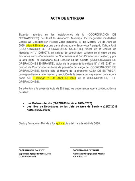 Acta De Entrega Ejemplos Pdf