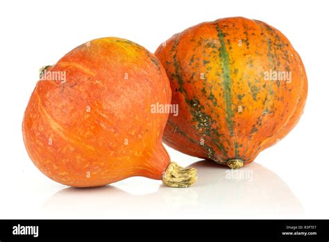 Group Of Two Whole Fresh Red Kuri Pumpkin Hokkaido Variety Isolated On