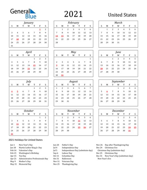 Free Printable Calendar 2021 With Holidays Usa