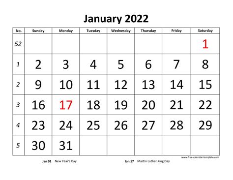 Monthly 2022 Calendar Designed With Large Font Horizontal Free