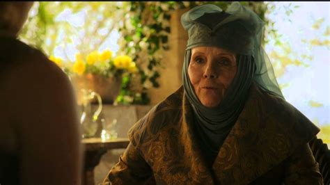 Dame diana rigg is on the show talking about season 5 of game of thrones, particularly one scene involving clay dildos. Game of Thrones S03E04 : Diana Rigg as Brick Top - YouTube