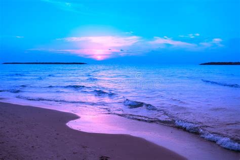 Blue Pink And Red Sunset Over Sea Beach With Stock Photo Image Of