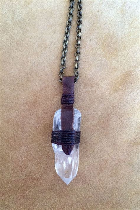 Healing Quartz Crystal Necklace Wrapped In Leather And Hemp Quartz