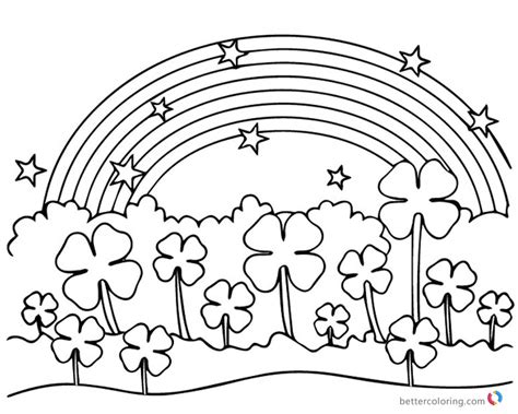 Four Leaf Clover Coloring Pages Flowers Under Rainbow Free Printable