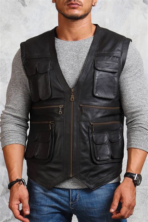 Biker Leather Vest For Men With Cargo Pockets Black Leather Vest
