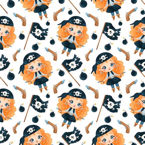 premium vector cute cartoon pirates girls seamless pattern