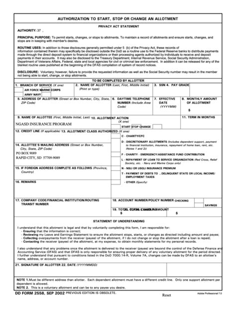 Fillable Dd Form 2558 Authorization To Start Stop Or Change An