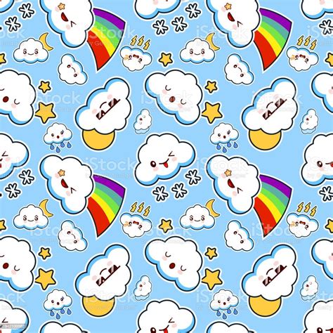 Vector Seamless Pattern With Clouds Cute Kawaii Character In Blue