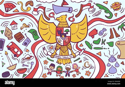 Cartoon Illustration Of Garuda Pancasila And Other Indonesia Themed