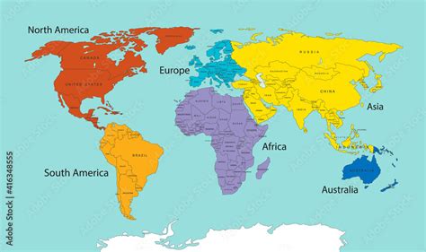 World Map Divided Into Six Continents In Different Color World Map Continents Isolated