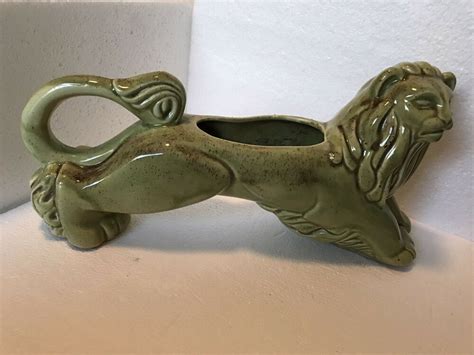 Vintage Ceramic Green Lion Planter Large 14 Inch Long Pottery Vintage