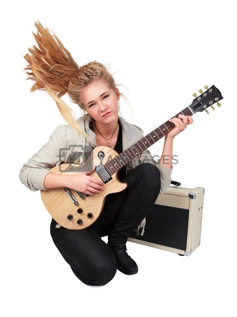 Passionate Rock Girl Playing An Electric Guitar By Cherrinka Vectors