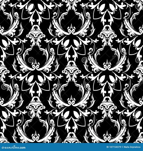 Damask Baroque Floral Seamless Pattern Black White Background W Stock