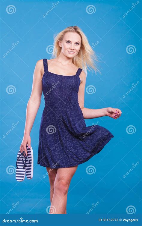 Woman Wearing Short Navy Dress Holding Flip Flops Stock Image Image Of Flip Wear 88152973