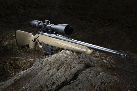 Brown Bolt Action Rifle In 556 With Scope On A Log Stock Photo Image