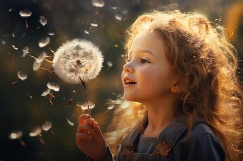 Premium Ai Image A Little Girl Blowing Dandelion Seeds In Front Of A