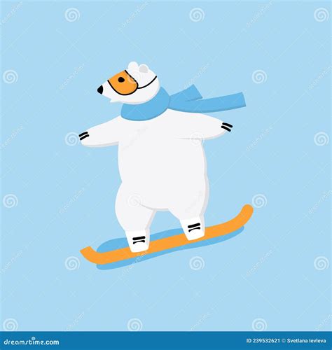 Polar Bear Surfing Snowboard On Downhill Extreme Outside Winter Sport