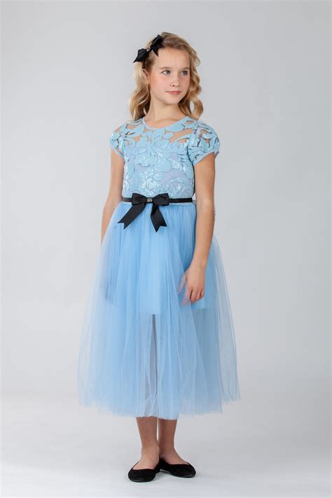 Fancy Light Blue Girl Dress Sleeves Sequin Lace Bodice Layered Etsy