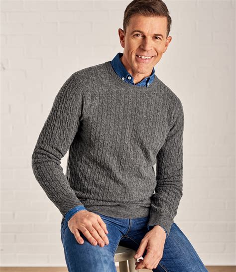 Charcoal Mens Cashmere And Merino Cable Crew Neck Jumper Woolovers Uk