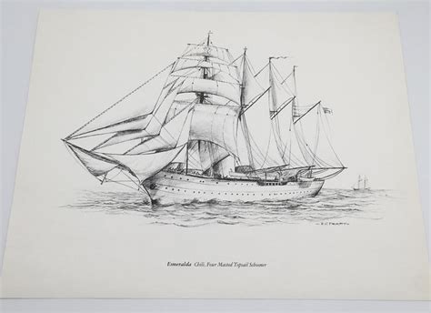Vintage Print Signed Pencil Drawing Esmeralda Four Masted Schooner