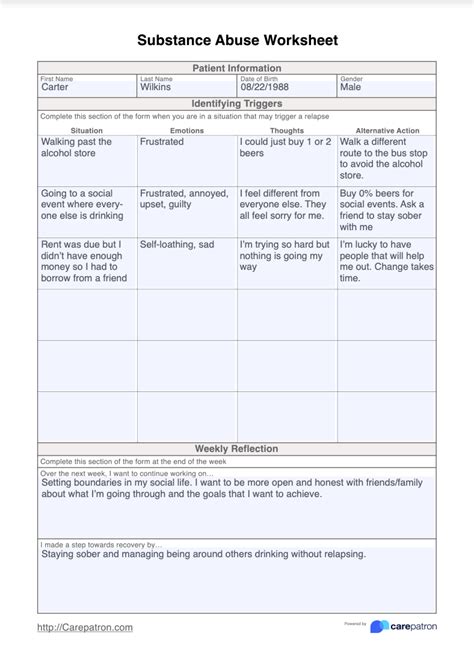 Substance Abuse Worksheet And Example Free Pdf Download