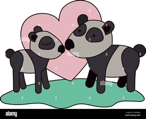 Pandas Couple Over Grass In Colorful Silhouette On White Background
