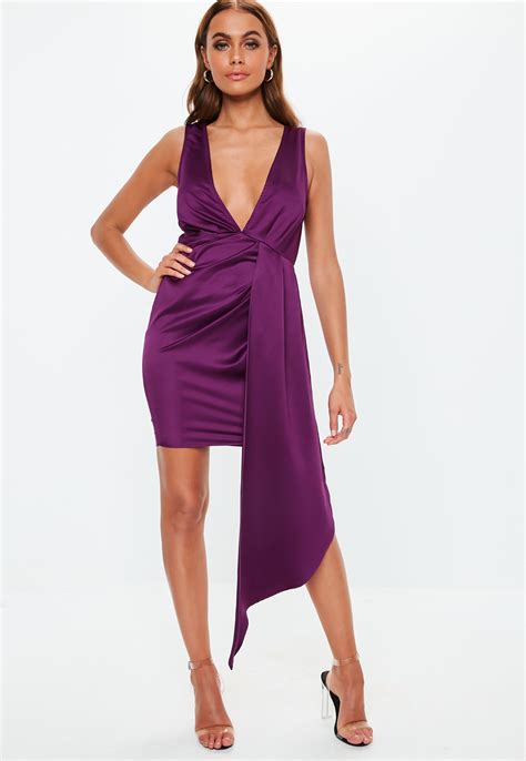 Lyst Missguided Purple Satin Plunge Drape Mini Dress In Purple