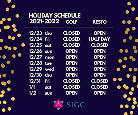 Holiday Schedule 2021 2022 Subic International Golf Club