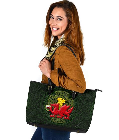 Welsh Dragon With Celtic Cross And Daffodils Leather Tote The Symbol
