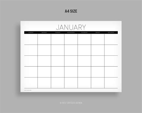 Printable Undated Monthly Calendar 12 Months A4 Size Sunday Etsy