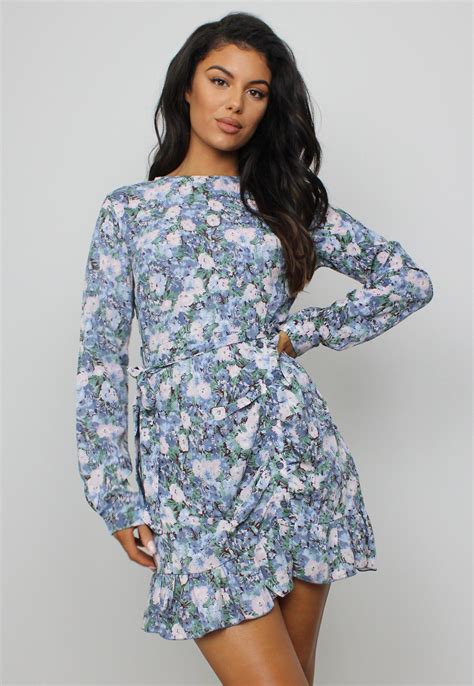 Blue Floral Print Ruched Side Button Tea Dress Missguided