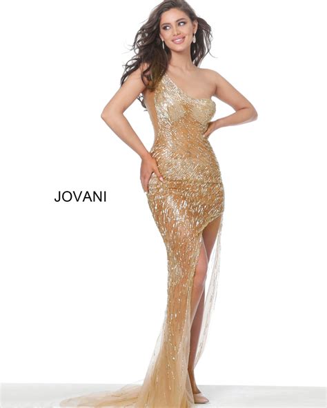Jovani Dress 02494 Nude Beaded One Shoulder Dress