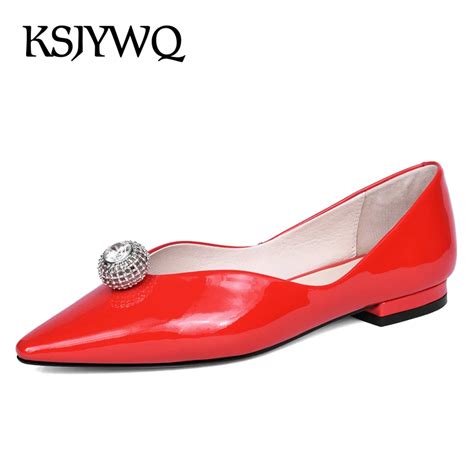 Ksjywq Red Leather Women Shoes Pointed Toe 2 Cm Low Heels Slip On Sexy