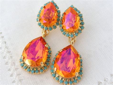 Pink Orange And Turquoise Halo Crystal Chandelier Earrings Etsy