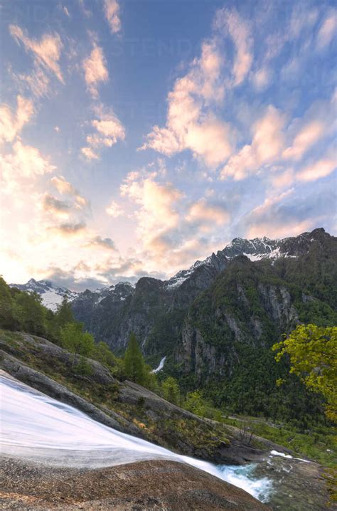 Sunrise At The Waterfall Of Ferro Valley Val Di Mello Valmalenco