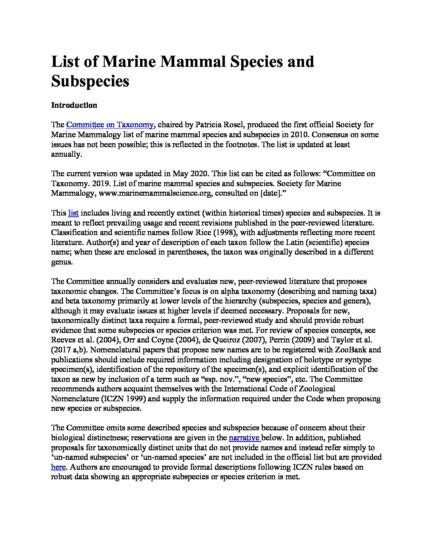 2020 List Of Marine Mammal Species And Subspecies 02june2020 Society