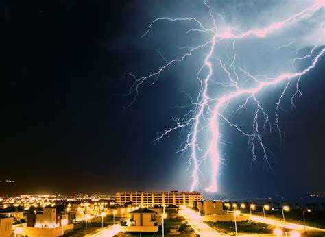 Wallpaper City Night Sky Lightning Storm Evening Spain
