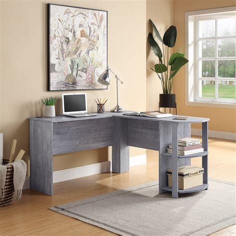 Belleze Kent L Shaped Home Office Desk Wood Corner Computer Desk Light Grey