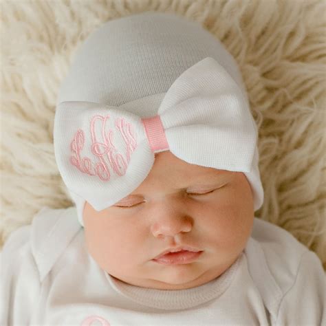 Newborn Baby Girl Hospital Beanie Hat With Embroidered Monogram Bow