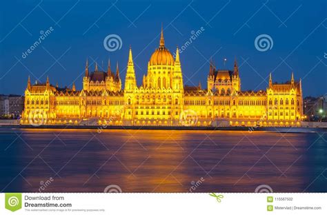 Hungarian Parliament Building At Night Budapest Hungary Stock Photo