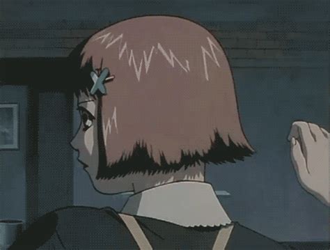 An Animated Image Of A Woman With Short Pink Hair And Bangs Looking At Something In The Distance