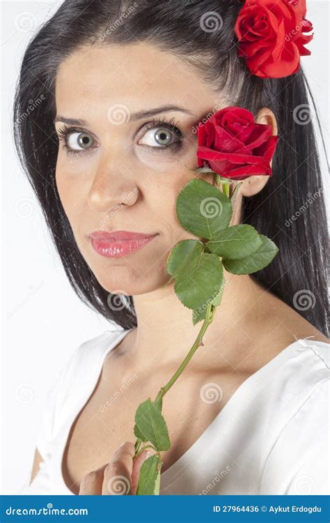 Portrait Of Beautiful Brunette With Red Rose Stock Photo Image Of