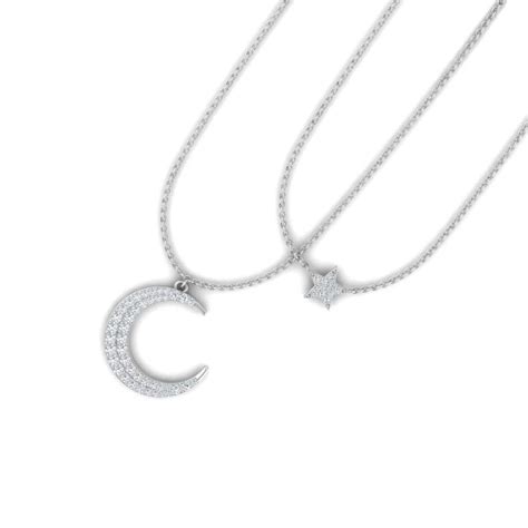 Double Chain Moon And Star Necklace In 14K White Gold Fascinating