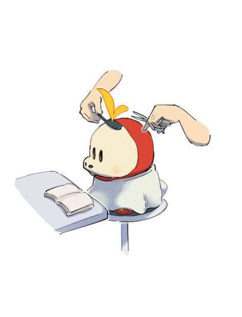 A Person Cutting Another Persons Hair With Scissors And An Apple On Top