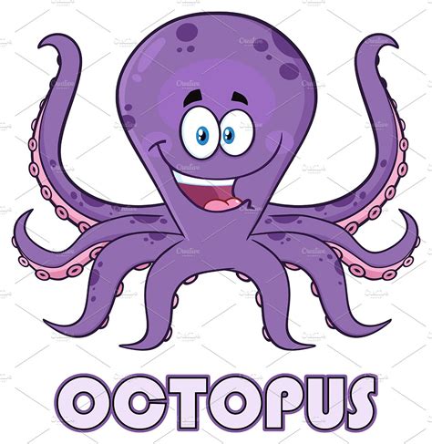 Happy Purple Octopus With Text Illustrator Graphics ~ Creative Market