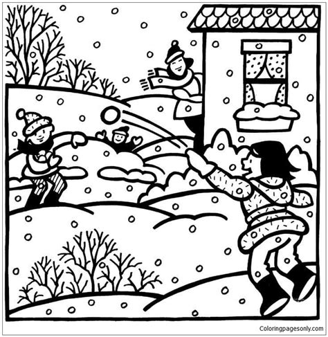 Children Are Playing Snowball In Winter Coloring Page Free Printable