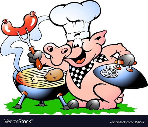 Hand Drawn Of An Chef Pig Standing And Making Bbq Vector Image On