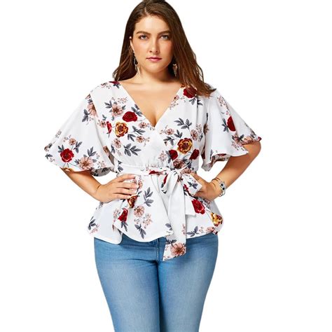 Wipalo Plus Size Floral Belted Surplice Peplum Blouses Shirts Women