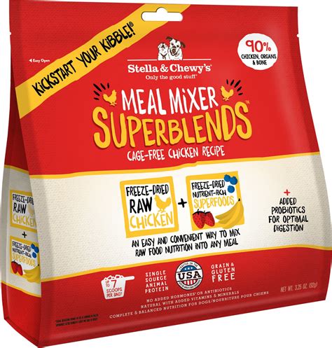 That compares to 70% or more in frozen raw food. Stella & Chewy's SuperBlends Cage-Free Chicken Recipe Meal ...
