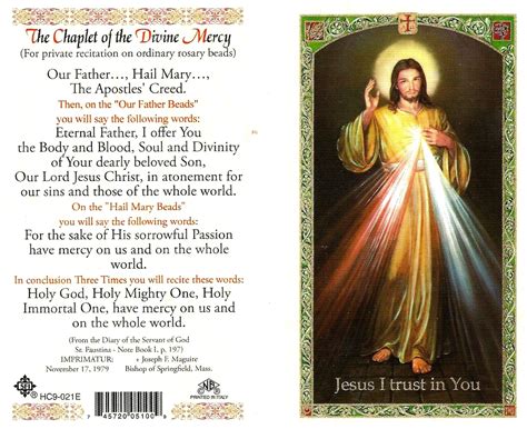 The words of the divine mercy chaplet were given to saint faustina after seeing visions of jesus' crucifixion and of god's blessing the earth because of the next year she received her habit and her name. The Chaplet of the Divine Mercy,Laminated prayer card
